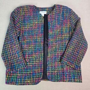 VTG Willow Ridge Women's Multicolor Plaid Tweed Open Front Blazer Jacket Rainbow